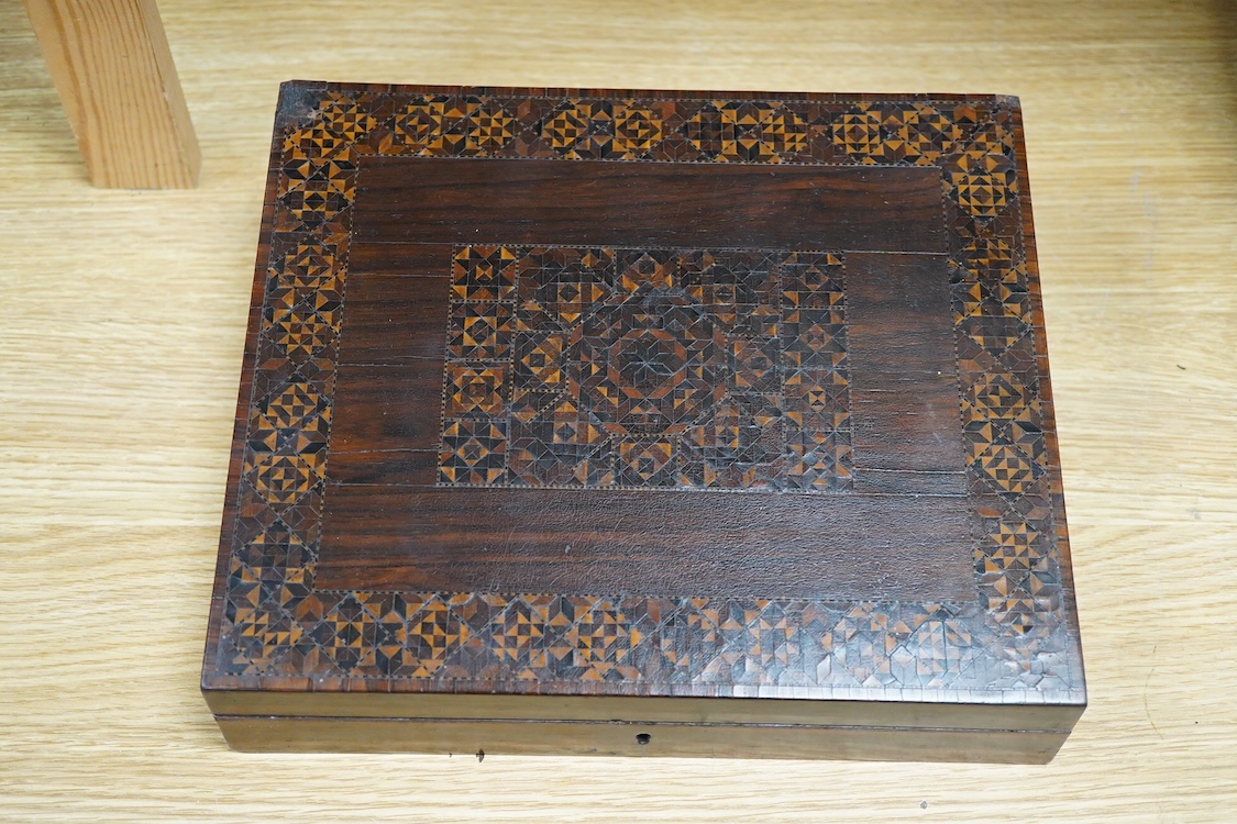 A Tunbridge ware half square mosaic banded writing slope, c.1830, a lacquer and mother of pearl inlaid box and an Indian bone veneered box, largest 34cm wide